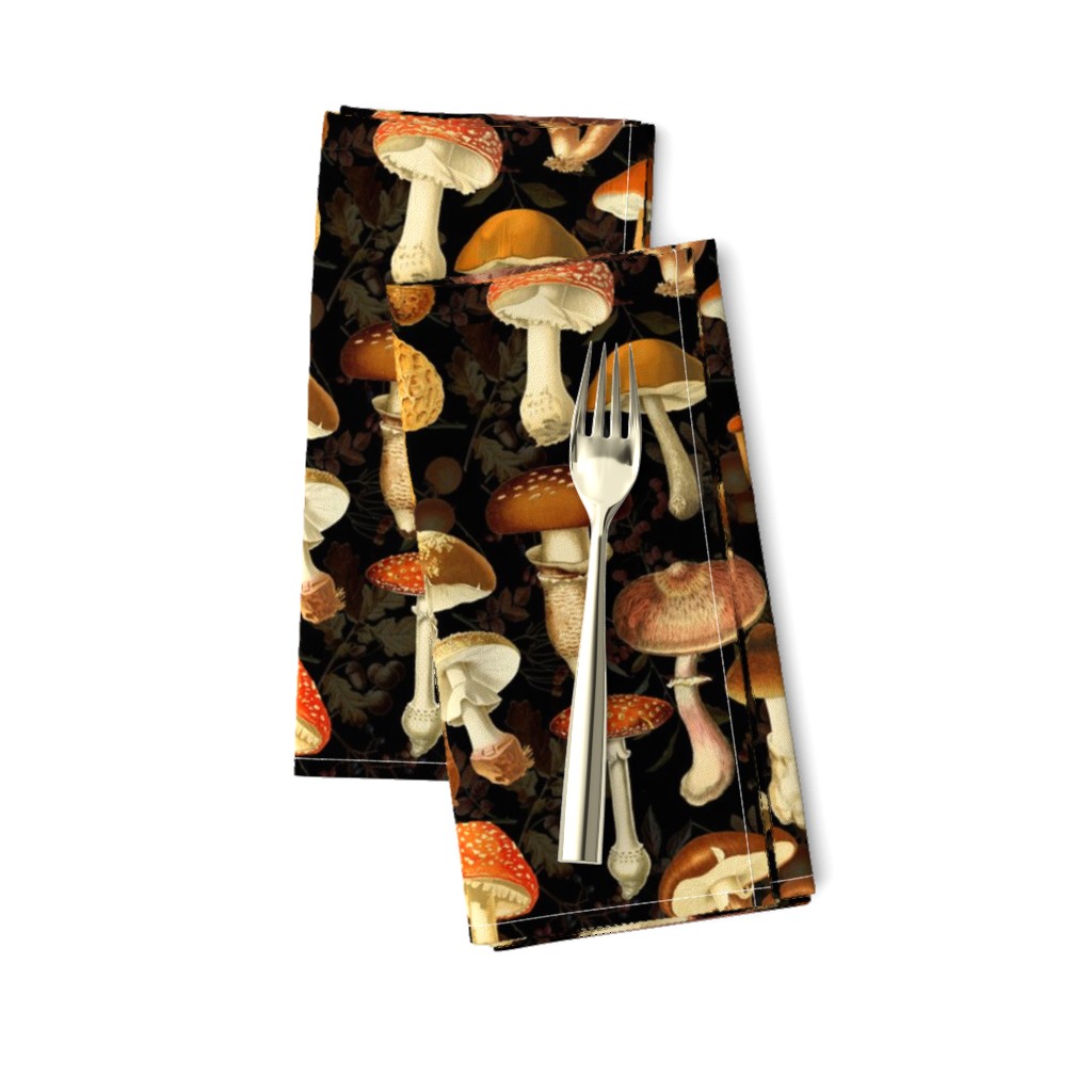 vintage hand drawn botanical fungus cabincore mushrooms double on black- Nostalgic  Autumn home decor, antique Psychadelic  Mushroom Wallpaper wallpaper,Antique mushroom fabric,mushrooms fabric