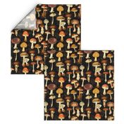 vintage hand drawn botanical fungus cabincore mushrooms double on black- Nostalgic  Autumn home decor, antique Psychadelic  Mushroom Wallpaper wallpaper,Antique mushroom fabric,mushrooms fabric