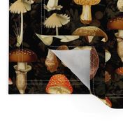 vintage hand drawn botanical fungus cabincore mushrooms double on black- Nostalgic  Autumn home decor, antique Psychadelic  Mushroom Wallpaper wallpaper,Antique mushroom fabric,mushrooms fabric