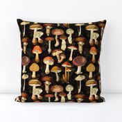 vintage hand drawn botanical fungus cabincore mushrooms double on black- Nostalgic  Autumn home decor, antique Psychadelic  Mushroom Wallpaper wallpaper,Antique mushroom fabric,mushrooms fabric