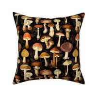 vintage hand drawn botanical fungus cabincore mushrooms double on black- Nostalgic  Autumn home decor, antique Psychadelic  Mushroom Wallpaper wallpaper,Antique mushroom fabric,mushrooms fabric