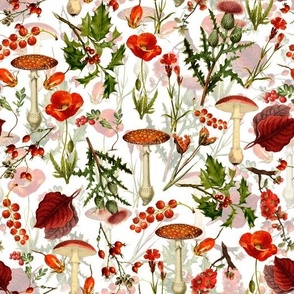 10" vintage botanical wildflowers fungus and berries on white Psychadelic  Mushroom Wallpaper