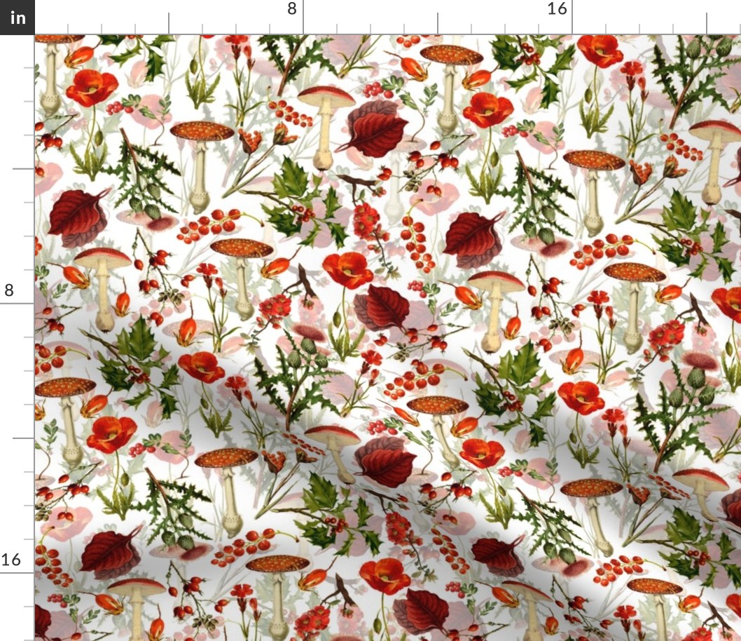 10" vintage botanical wildflowers fungus and berries on white Psychadelic  Mushroom Wallpaper