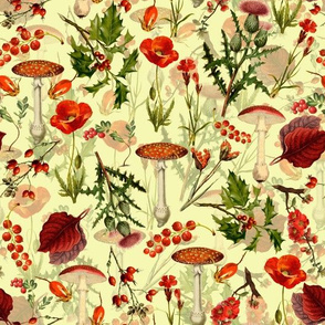 10" vintage botanical wildflowers fungus and berries on yellow Psychadelic  Mushroom Wallpaper