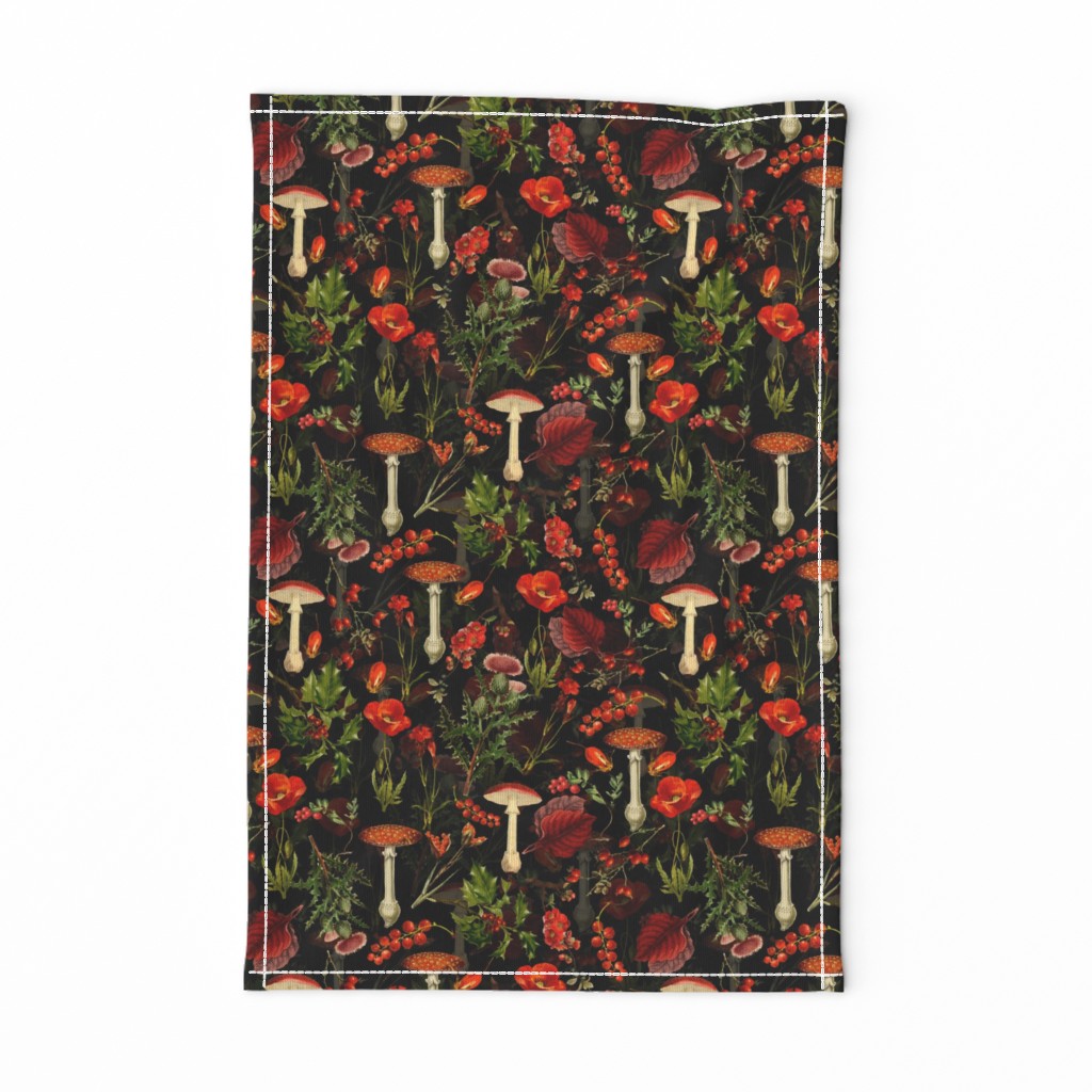 10" Elevate Your Home Decor with Vintage Botanical Nostalgia:  Autumn Wildflowers, Fungus, and Berries on Black.  Immerse in the Antique Dark Moody Gothic Victorian Vibes  with Mystic Goth Psychedelic Mushroom Wallpaper