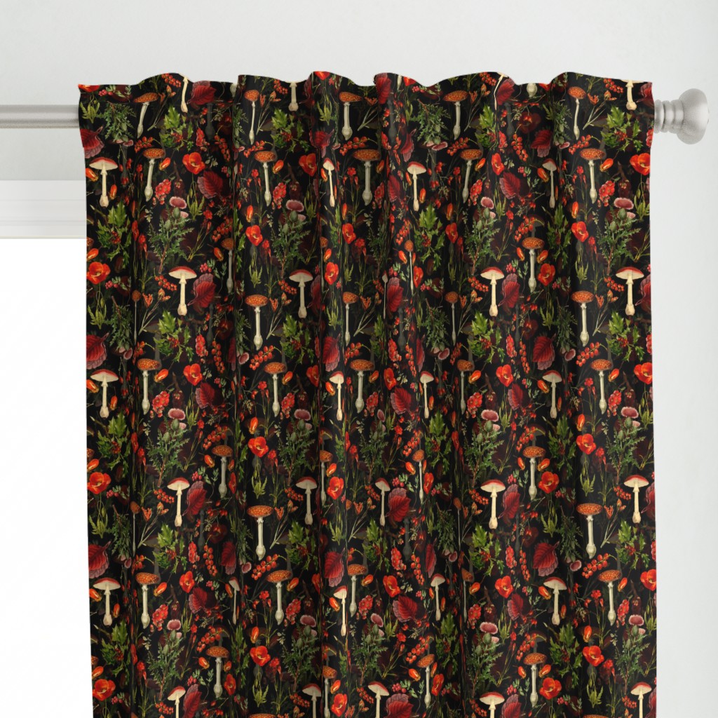 10" Elevate Your Home Decor with Vintage Botanical Nostalgia:  Autumn Wildflowers, Fungus, and Berries on Black.  Immerse in the Antique Dark Moody Gothic Victorian Vibes  with Mystic Goth Psychedelic Mushroom Wallpaper