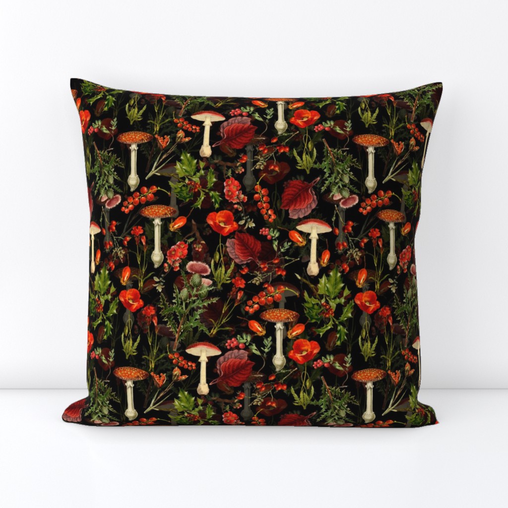 10" Elevate Your Home Decor with Vintage Botanical Nostalgia:  Autumn Wildflowers, Fungus, and Berries on Black.  Immerse in the Antique Dark Moody Gothic Victorian Vibes  with Mystic Goth Psychedelic Mushroom Wallpaper