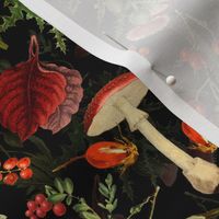 10" vintage botanical nostalgic Autumn wildflowers fungus and berries on black,Vintage home decor, antique wallpaper,