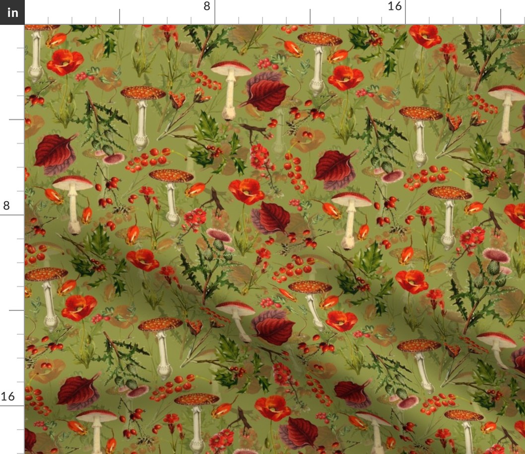 10" vintage botanical wildflowers fungus and berries on green Psychadelic  Mushroom Wallpaper