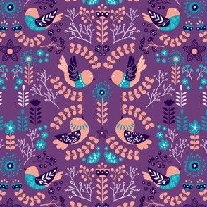 Scandinavian Floral Birds - Purple