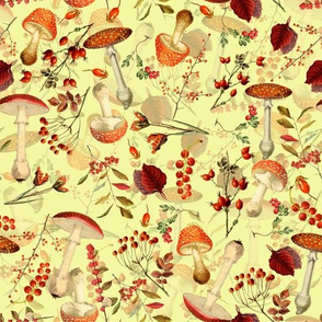 10" red vintage hand drawn botnical fungus mushrooms double on yellow Psychadelic  Mushroom Wallpaper