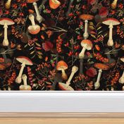 10" red vintage hand drawn botnical fungus mushrooms double on black Psychadelic  Mushroom Wallpaper