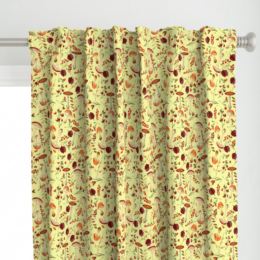 red vintage hand drawn botnical fungus mushrooms double on yellow Psychadelic  Mushroom Wallpaper