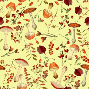 red vintage hand drawn botnical fungus mushrooms double on yellow Psychadelic  Mushroom Wallpaper