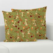 red vintage hand drawn botnical fungus mushrooms double on green Psychadelic  Mushroom Wallpaper