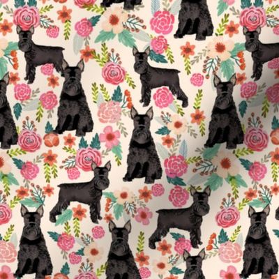 schnauzer dog floral fabric, giant schnauzer fabric, black schnauzer fabric, dog fabric, floral dogs fabric -  cream