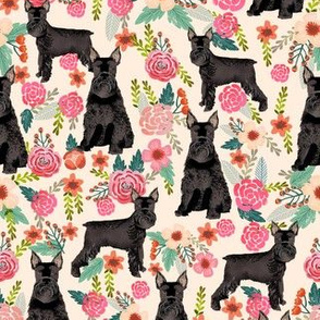 schnauzer dog floral fabric, giant schnauzer fabric, black schnauzer fabric, dog fabric, floral dogs fabric -  cream