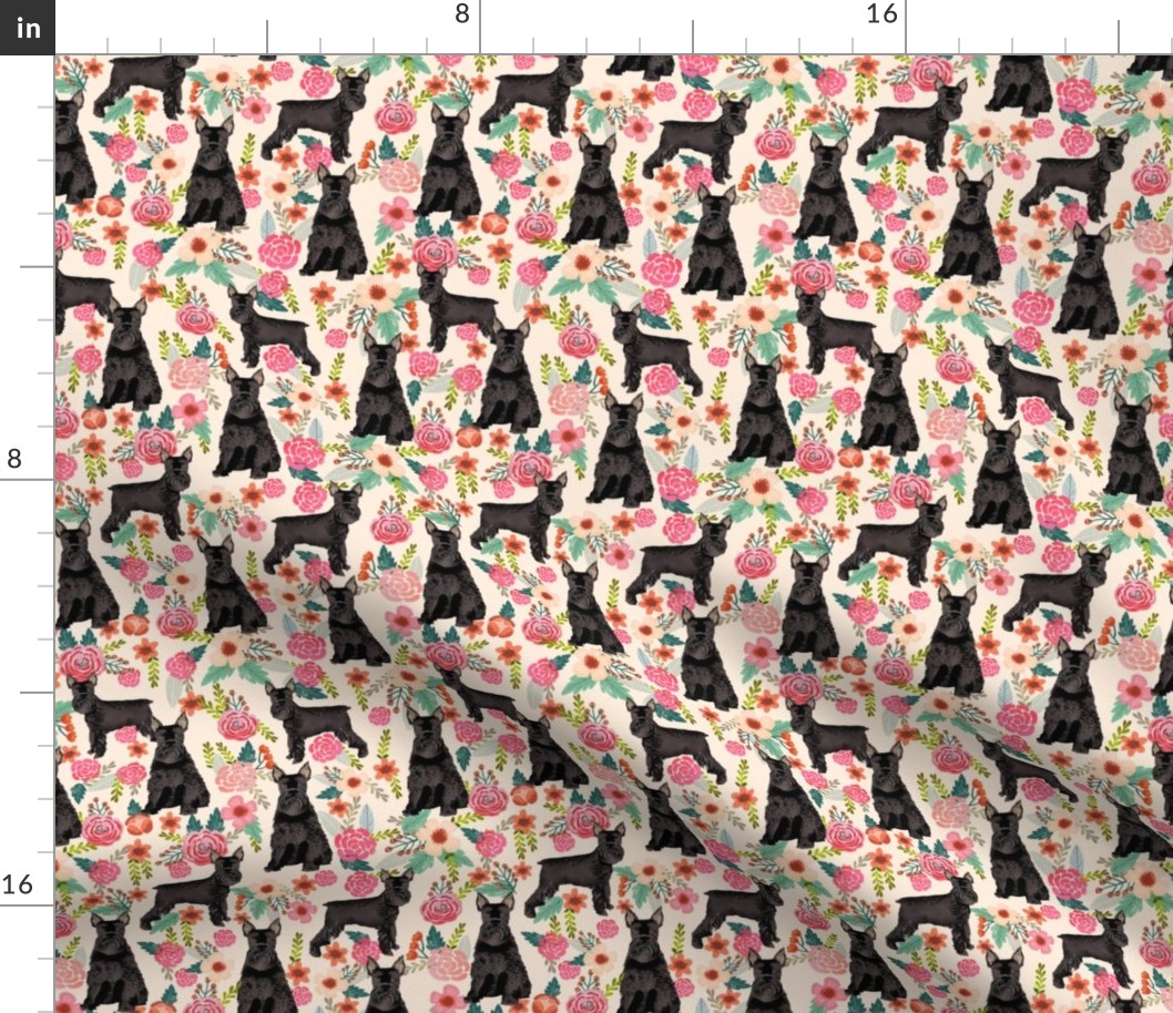 schnauzer dog floral fabric, giant schnauzer fabric, black schnauzer fabric, dog fabric, floral dogs fabric -  cream