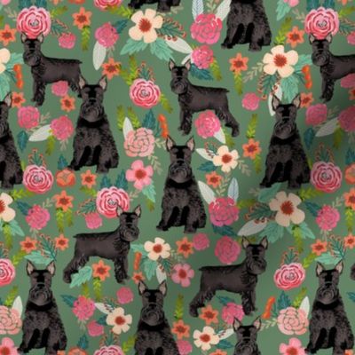 schnauzer dog floral fabric, giant schnauzer fabric, black schnauzer fabric, dog fabric, floral dogs fabric -  green