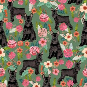 schnauzer dog floral fabric, giant schnauzer fabric, black schnauzer fabric, dog fabric, floral dogs fabric -  green