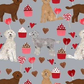 golden doodle dog valentines day fabric - golden doodles, doodle dogs, dogs, hearts, pink and red, cupcakes and chocolate -  grey