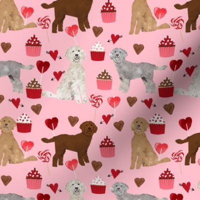 golden doodle dog valentines day fabric - golden doodles, doodle dogs, dogs, hearts, pink and red, cupcakes and chocolate -  pink