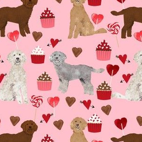 golden doodle dog valentines day fabric - golden doodles, doodle dogs, dogs, hearts, pink and red, cupcakes and chocolate -  pink