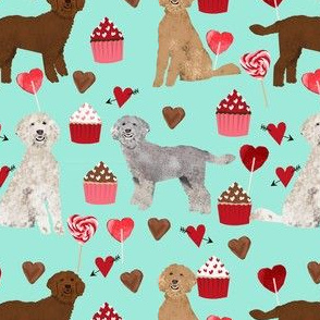 golden doodle dog valentines day fabric - golden doodles, doodle dogs, dogs, hearts, pink and red, cupcakes and chocolate - mint