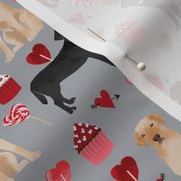 labrador dog valentines day fabric - chocolate lab dog, black lab dog, yellow lab dog, dogs, hearts, pink and red, cupcakes and chocolate - grey