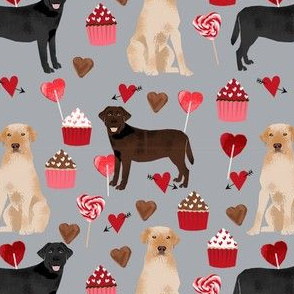 labrador dog valentines day fabric - chocolate lab dog, black lab dog, yellow lab dog, dogs, hearts, pink and red, cupcakes and chocolate - grey