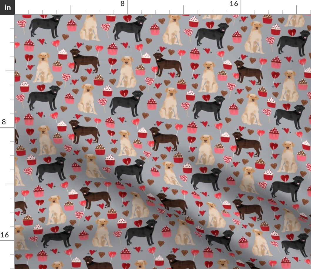 labrador dog valentines day fabric - chocolate lab dog, black lab dog, yellow lab dog, dogs, hearts, pink and red, cupcakes and chocolate - grey