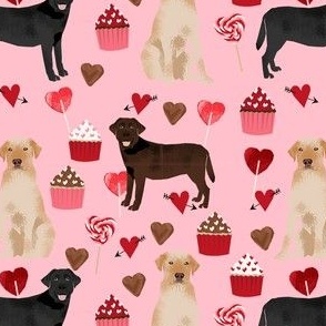 labrador dog valentines day fabric - chocolate lab dog, black lab dog, yellow lab dog, dogs, hearts, pink and red, cupcakes and chocolate - pink