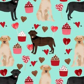 labrador dog valentines day fabric - chocolate lab dog, black lab dog, yellow lab dog, dogs, hearts, pink and red, cupcakes and chocolate - mint