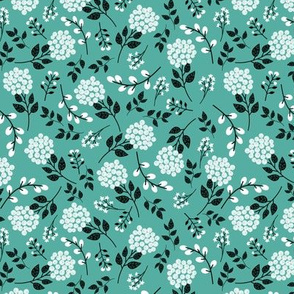 Mary's Floral (jade) Black + White Flower Fabric, SMALLER scale