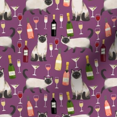 siamese cat wine fabric - cute cat fabric, wine fabric, cat fabric, siamese cats fabric - purple