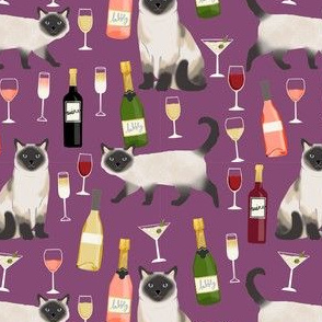 siamese cat wine fabric - cute cat fabric, wine fabric, cat fabric, siamese cats fabric - purple
