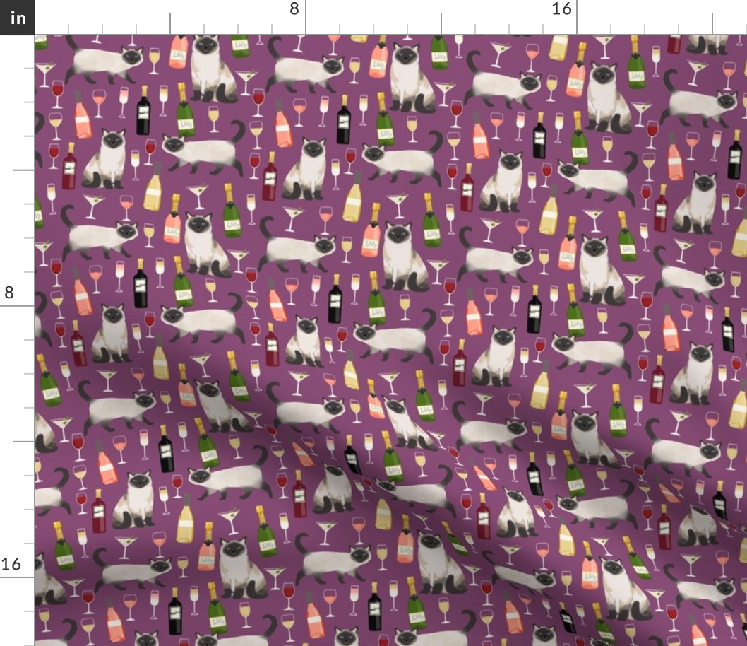 siamese cat wine fabric - cute cat fabric, wine fabric, cat fabric, siamese cats fabric - purple