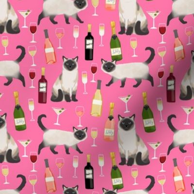 siamese cat wine fabric - cute cat fabric, wine fabric, cat fabric, siamese cats fabric - pink