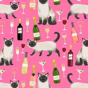 siamese cat wine fabric - cute cat fabric, wine fabric, cat fabric, siamese cats fabric - pink