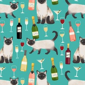 siamese cat wine fabric - cute cat fabric, wine fabric, cat fabric, siamese cats fabric - turquoise