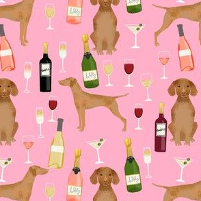 vizsla dog wine fabric - dog fabric, dog breeds fabric, dog wine fabric, wine fabric -pink