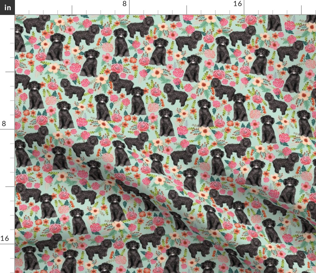 cockapoo floral fabric - black cockapoo dog, dog fabric, dog breeds fabric, dog floral fabric, cockapoo fabric -mint