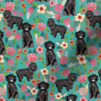 cockapoo floral fabric - black cockapoo dog, dog fabric, dog breeds fabric, dog floral fabric, cockapoo fabric - turquoise