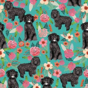 cockapoo floral fabric - black cockapoo dog, dog fabric, dog breeds fabric, dog floral fabric, cockapoo fabric - turquoise