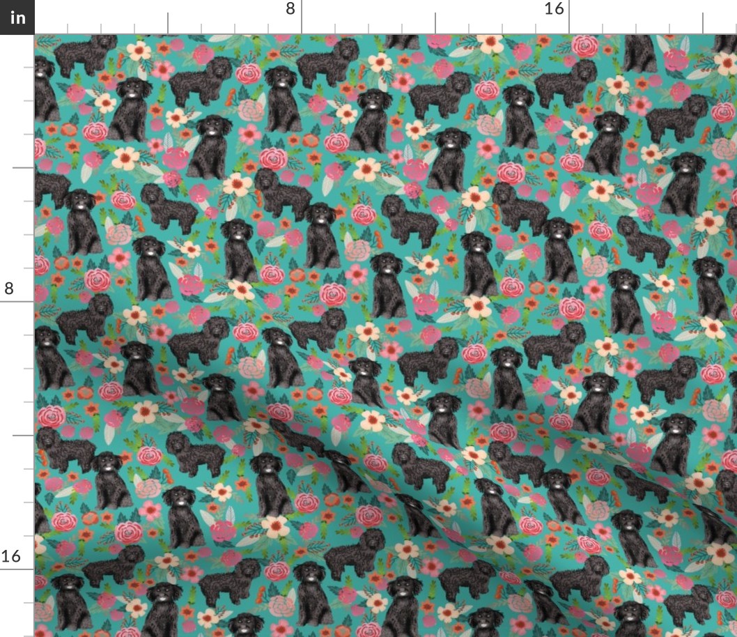 cockapoo floral fabric - black cockapoo dog, dog fabric, dog breeds fabric, dog floral fabric, cockapoo fabric - turquoise