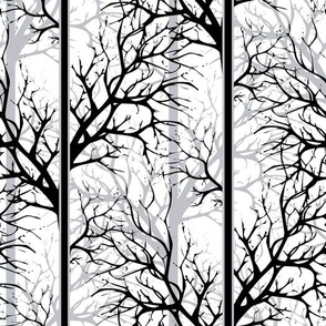 Black pen sketch of tree branches on a striped white-gray background
