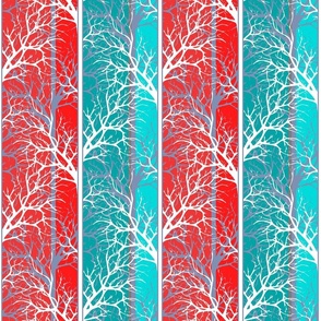White tree branches on a striped red-blue background