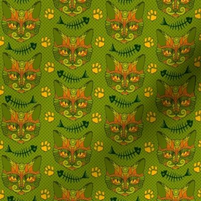 Cat Doodle with Fish Bones in Green & Orange