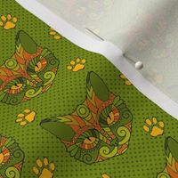 Cat Doodle with Paw Prints in Green & Orange