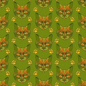 Cat Doodle with Paw Prints in Green & Orange